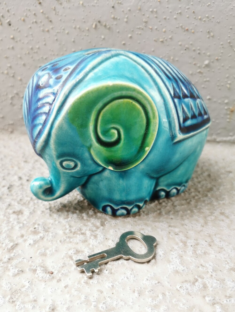 Vintage W Germany Turquoise Ceramic Elephant Coin Bank w/ Key MCM
